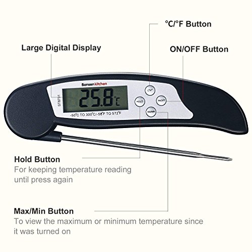 Bonsenkitchen Termómetro Digital de Cocina para Carne Barbacoa Comida Liquidos Aceite, Termometro Alimentos con Pantalla LCD para Lectura Instantánea (ST8730) (Negro- ST8731)