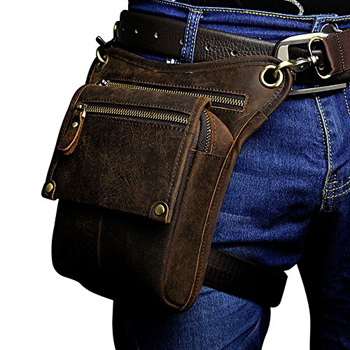 boshiho - Riñonera de Piel auténtica para Hombre, Mens Pierna Bolsa Moto Cuero Genuino Multi-propósito (LCMarron Oscuro)