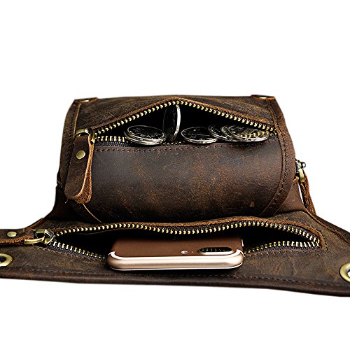 boshiho - Riñonera de Piel auténtica para Hombre, Mens Pierna Bolsa Moto Cuero Genuino Multi-propósito (LCMarron Oscuro)