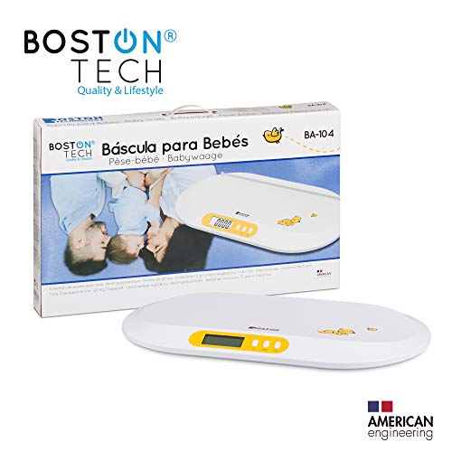 Boston Tech BA-104 - Bascula para bebés y Mascotas. Balanza digital con pantalla LCD y tallimetro con Función Tara, Ideal para calcular el peso de su bebe con capacidad de hasta 20Kg (44lb)