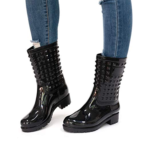 Bota Lluvia Mujer Altas Bota Goma Bota Impermeable Botines Wellington Boots Exterior Zapatos Planos Antideslizante Trabajo Jardín Invierno Negro Azul 36-43 Negro 40