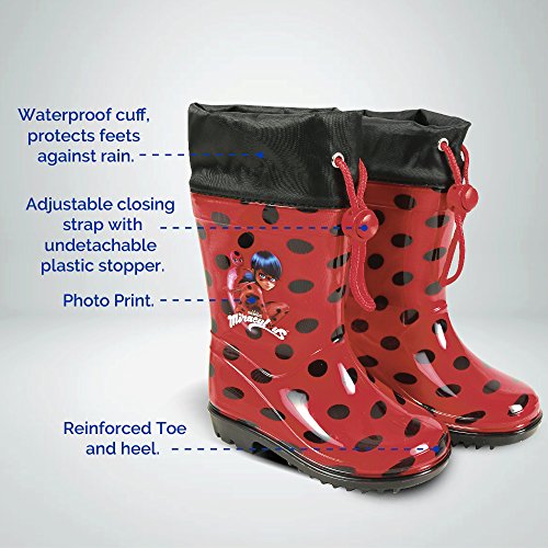 Botas de Agua Miraculous Lady Bug Niña - Botines Impermeables Ladybug Rojos Fantasía de Lunares - Botas Lluvia con Suela Antideslizante y Cierre con Cordón - Perletti (Detalles Negros, Numeric_28)