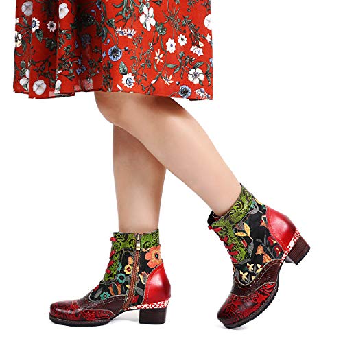 Botas de Cuero Liso,Camfosy Winter City Shoes con Tacones Planos Botas Botas con Cordones y Suela Cómoda para Pies Anchos Diseño Original Bohemian 2018 Marrón Rojo Azul