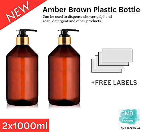 Botellas Ambar Vacias de Plastico con Dispensador Pompa para Jabon, Champu, Acondicionador, Aceite Esencial Aceite para Masajes Perfume Aromaterapia Lociones (2 x 1000 ml)