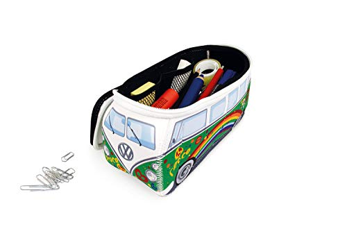 BRISA VW Collection Volkswagen VW T1 Bus Bolsa Universal de Neopreno, Estuche para lápices, Caja de papelería, Neceser, Bolso de Maquillaje-Cosméticos-Aseo para Escuela/Oficina/Regalo - Peace/Verde