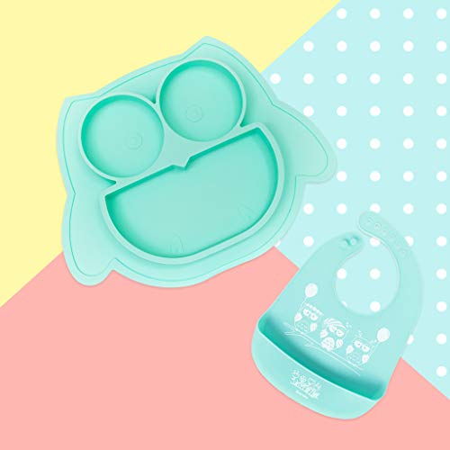 Brunoko Plato para bebe con babero (Azul) - Plato Silicona para infantil con mantel individual - Ventosas antivuelco para tronas y sillines - Seguro en lavavajillas/microondas - Diseñado en España