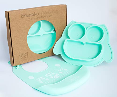 Brunoko Plato para bebe con babero (Azul) - Plato Silicona para infantil con mantel individual - Ventosas antivuelco para tronas y sillines - Seguro en lavavajillas/microondas - Diseñado en España