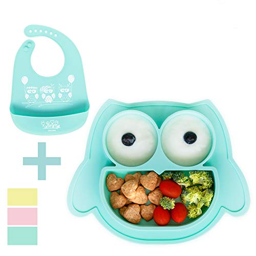 Brunoko Plato para bebe con babero (Azul) - Plato Silicona para infantil con mantel individual - Ventosas antivuelco para tronas y sillines - Seguro en lavavajillas/microondas - Diseñado en España