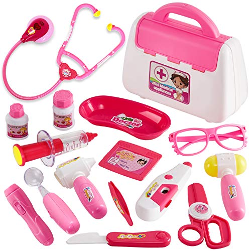 Buyger 16 Piezas Maletin Medicos Juguete Dentista Doctora Enfermera Kit Medico Juguetes Accesorios para Niña Niños 3 4 5 Años (Rosa)