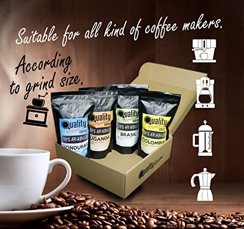 ☕ Café en grano natural. 100% Arabica. Pack para regalo y degustación. 4 orígenes: Colombia, Uganda, Brasil, Honduras. 4x250g. Tostado artesanal.