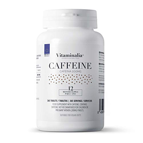 Cafeína 200mg de Vitaminalia | Suministro para 1 Año | De Efecto Rápido y Fácil de Tragar | Quemagrasas Natural | Suplemento para Estudiar | Vegano, Sin OGM, Sin Gluten, Sin Lactosa | 365 Tabletas