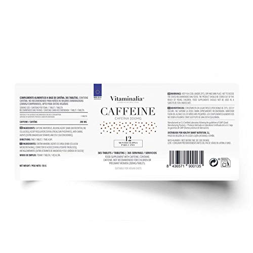 Cafeína 200mg de Vitaminalia | Suministro para 1 Año | De Efecto Rápido y Fácil de Tragar | Quemagrasas Natural | Suplemento para Estudiar | Vegano, Sin OGM, Sin Gluten, Sin Lactosa | 365 Tabletas