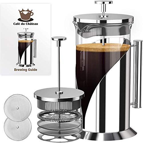 Cafetera de prensa francesa Cafe Du Chateau de 34 onzas, sistema de filtración de 4 niveles, acero inoxidable 304 grado, vidrio de borosilicato resistente al calor