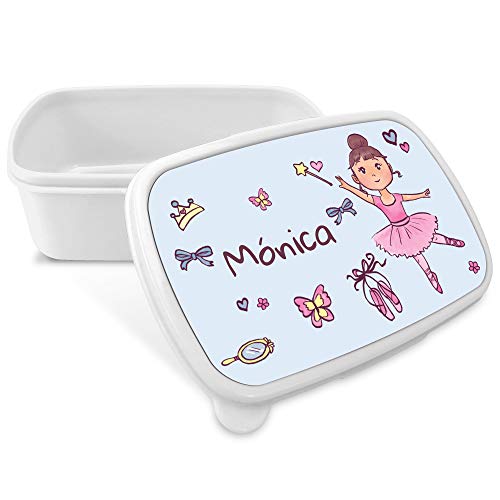 Caja de Merienda Niña Personalizada con Nombre/Curso. Vuelta al Cole Niña Niño. Varios Diseños a Elegir. Bailarina Rosa