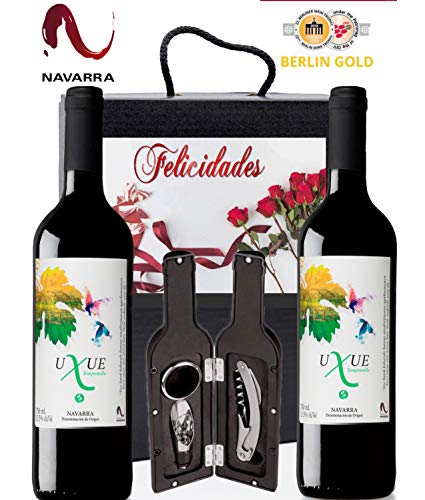 Caja Vino Tinto Regalo FELICIDADES - Pack de 2 Botellas UXUE CRIANZA Edicion Limitada MEDALLA BERLIN 2015 + Kit Accesorios con Estuche - Ideal para regalar en Ocasiones Especiales.