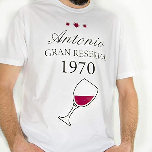 Calledelregalo Regalo para un Amigo o Amiga, Hermano o Hermana, Pareja por su cumpleaños o Navidad: Camiseta 'Gran Reserva' Blanca Personalizada con su Nombre y año de Nacimiento