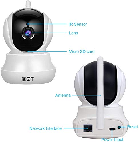 Cámara IP, Cámara de Vigilancia QZT 1080P WiFi con Visión Nocturna, Audio Bidireccional, Giro/Inclinación, Detección de Movimiento, Alarma Email, Cámara de Seguridad