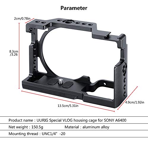 Cámara UURIG C-A6400 para Sony A6400 A6300 A6100 Vlogging Extensión Shell Soporte de micrófono/luz de Video Soporte de Video Soporte Universal para Tornillo de 1/4"para Agarre de trípode