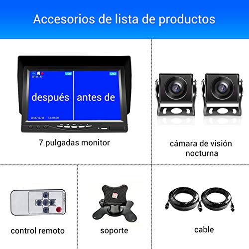 Cámaras de Visión Trasera 2 x Cámaras de marcha atrás IR Visión Nocturna Impermeable + 7 Pulgadas 1920*1080 Monitor con Función de Video Grabación para RV/Autobus/Remolque/Camión