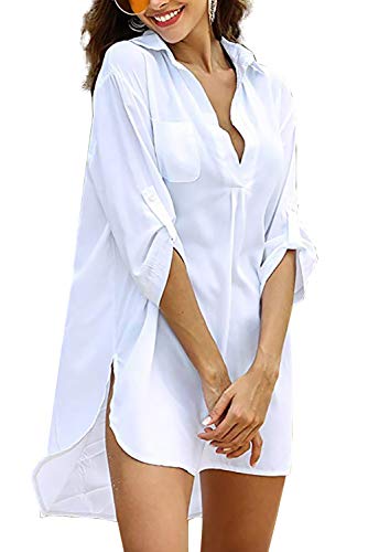 Camisa Botones Mujer Manga 3/4 Blusa Abierta Camiseta Asimetrica Tunica Playa Talla Grande Mini Vestido Irregular Caftan Verano Kaftan Algodon Kimono Dress Cardigan Top Traje de Baño Bikini Cover Up