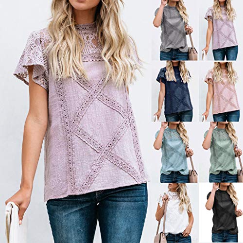 Camisetas Mujer SHOBDW Dia de la Mujer Verano Patchwork De Encaje Casual Ahuecar Volantes Manga Corta Suéter De Cuello De Tortuga Linda Blusa Floral Camiseta Blanca para Mujer(Blanco,L)