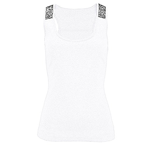 Camisetas sin Mangas Mujer,SHOBDW Moda De Verano Más El Tamaño Sin Mangas Sexy Cuello Redondo Lentejuelas Chaleco Tops Señoras Blusa Sólida Casual Camiseta Tank Tops para Mujeres(Blanco,L)