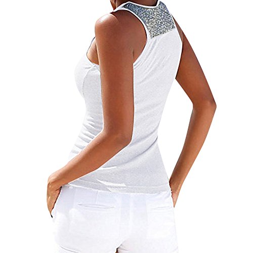 Camisetas sin Mangas Mujer,SHOBDW Moda De Verano Más El Tamaño Sin Mangas Sexy Cuello Redondo Lentejuelas Chaleco Tops Señoras Blusa Sólida Casual Camiseta Tank Tops para Mujeres(Blanco,L)