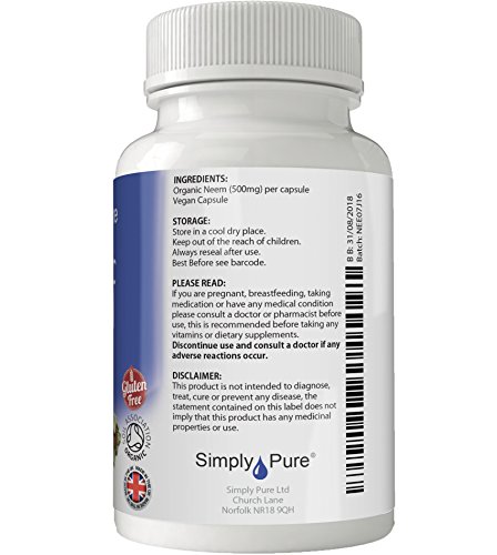 Cápsulas de Nim Orgánico de Simply Pure x 90, 500 mg, 100% certificado de la Asociación de Suelo Natural, sin gluten, GM y vegano.