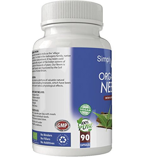 Cápsulas de Nim Orgánico de Simply Pure x 90, 500 mg, 100% certificado de la Asociación de Suelo Natural, sin gluten, GM y vegano.