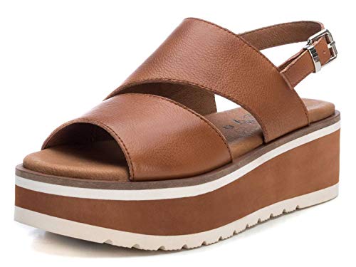 CARMELA - Sandalia de Cuña para Mujer - Sandalia con Tira y Cierre de Hebilla - Tacón 6 cm - Color Camel - Talla 37