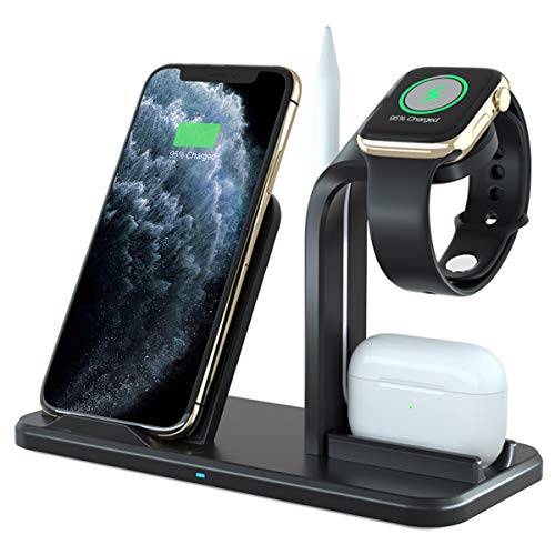 CARPURIDE Cargador Inalámbrico Rápido, [4 in 1] Qi Base de Carga para Apple Watch Series 1/2/3/4/5, AirPods, iPhone 11/11 Pro/11 Pro MAX/XS MAX/XR/X/8 Plus, Inalámbrica Carga para Galaxy S10 S9 S8