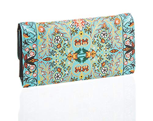 Cartera Billetera Étnica con Monedero Largo Diseño de Alfombras para Mujer Bolso Largo de Mano de Gran Capacidad Portamonedas de Embrague Cartera de Tela (Turquesa)