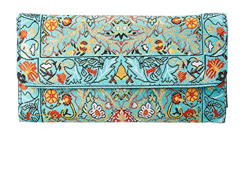 Cartera Billetera Étnica con Monedero Largo Diseño de Alfombras para Mujer Bolso Largo de Mano de Gran Capacidad Portamonedas de Embrague Cartera de Tela (Turquesa)