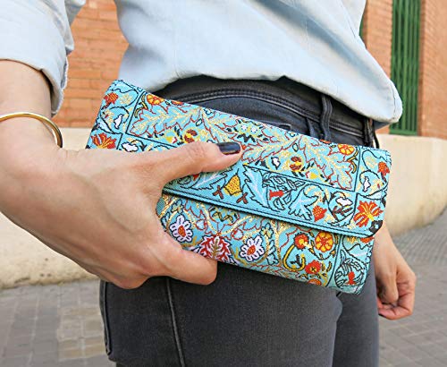 Cartera Billetera Étnica con Monedero Largo Diseño de Alfombras para Mujer Bolso Largo de Mano de Gran Capacidad Portamonedas de Embrague Cartera de Tela (Turquesa)