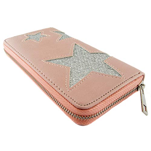 Cartera para Mujer con Estrellas de Poliuretano y Cremallera Circular. (Rosa)