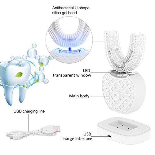 Cepillo de dientes eléctrico tipo U de frecuencia variable y totalmente automático, dientes ultrasónicos de luz fría tipo U de 360 ° para blanquear el cepillo de dientes Limpiador de boca (blanco)