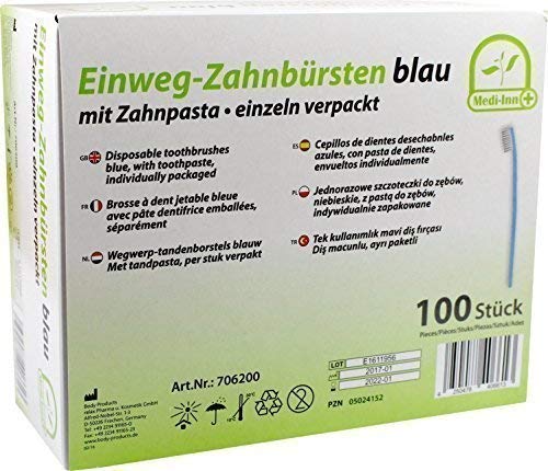 Cepillo Dientes Desechables Cepillo de Dientes con Pasta de Dientes 100 Piezas Cepillo de Dientes de Viaje de Medi-inn Color Azul PZN 05024152