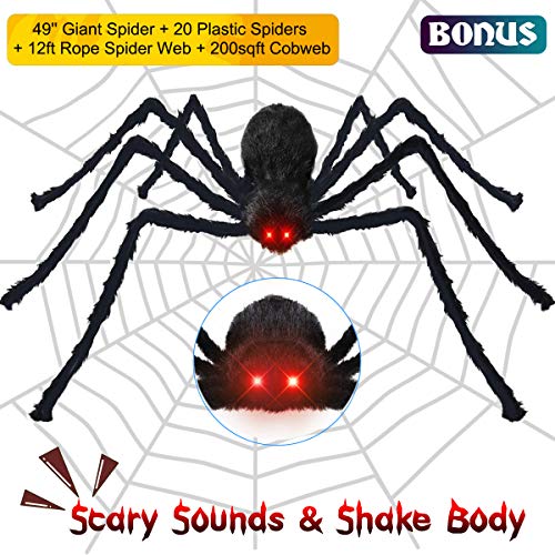 Charlemain 125 cm Araña Grande Halloween con Ojos iluminados y Sonido + 365cm Telaraña + Telaraña Estirable + 20 Arañas pequeñas, Decoracion de Halloween Terror para Exterior Jardin Fiesta