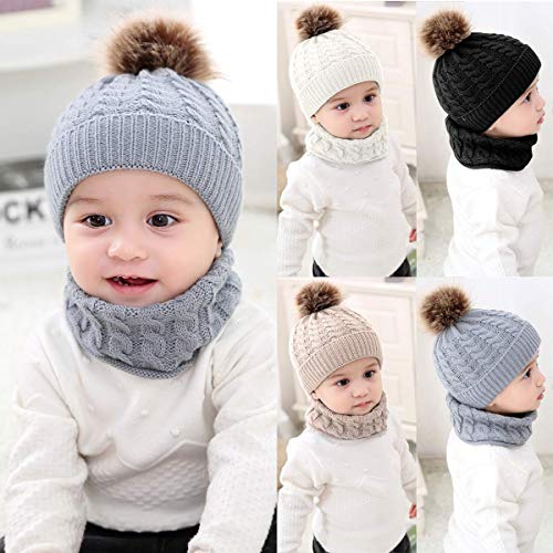 CheChury Conjunto de Bufanda y Gorro de Punto Unisex Niños Niñas Invierno cálido Punto Beanie Gorros con Pompon Bufanda de Punto Cuello Redondo Bebé