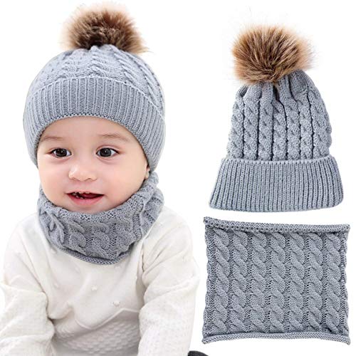 CheChury Conjunto de Bufanda y Gorro de Punto Unisex Niños Niñas Invierno cálido Punto Beanie Gorros con Pompon Bufanda de Punto Cuello Redondo Bebé