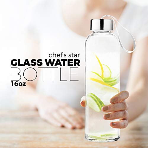 Chef’s Star - Juego de 6 botellas de agua de cristal con capacidad de 0,47 litros, tapas de acero inoxidable, correas portátiles para bebidas y zumos