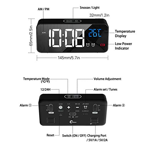 CHEREEKI Reloj Despertador Digital, Despertador Alarma Dual Digital Alarm Clock con Temperatura, 4 Brillo Ajustable Función Snooze, Puerto de Carga USB, 12/24 Horas, 13 música (Negro)