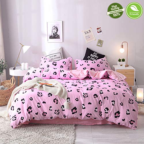 Chickwin Juego de Ropa de Cama 4 Piezas, Cama Matrimonial Algodón Lavado Dormitorio Inicio, Funda de edredón*1pcs, Funda de Almohada*2pcs,Sábana*1pcs, Leopardo (150 * 200cm,Rosa)