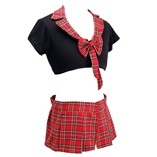 CHICTRY Disfraz Colegiala Mujer Uniforme Escolar Picardias Atractiva Conjunto de Lencería Erótica Mini Falda+Camiseta Push Up Manga Corta Negro&Rojo L