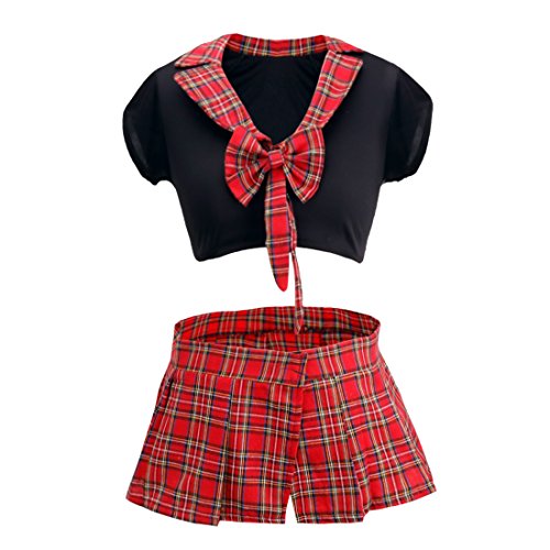 CHICTRY Disfraz Colegiala Mujer Uniforme Escolar Picardias Atractiva Conjunto de Lencería Erótica Mini Falda+Camiseta Push Up Manga Corta Negro&Rojo L