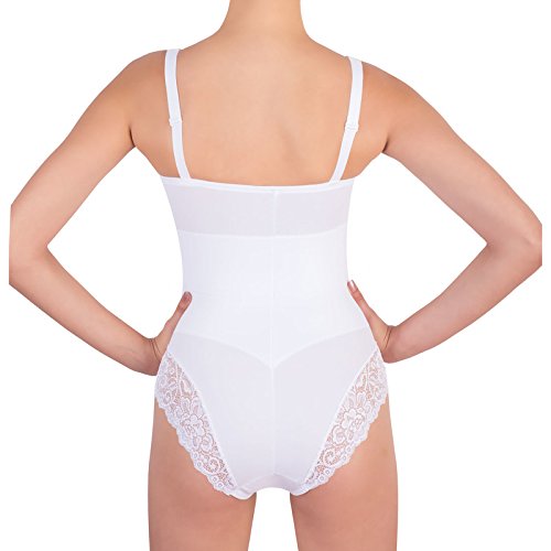 Classic Lady Body Reductor para Mujer en Copas C - Faja Moldeadora sin Aros con Encaje - Body Interior de Microfibra Forrada de algodón, Frontal Reforzado para un Vientre Plano (Blanco, 85C)