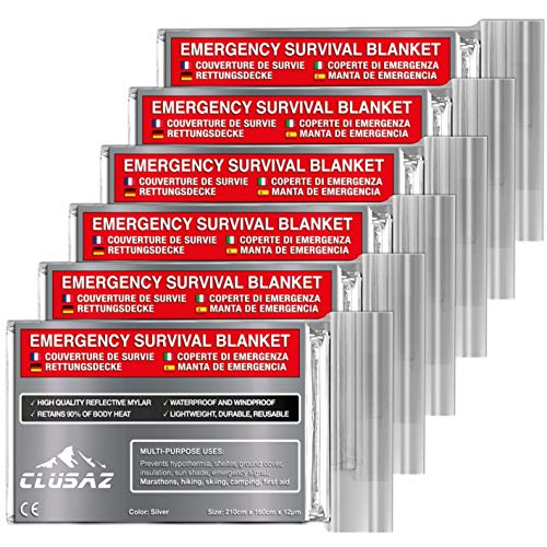 CLUSAZ Manta de Emergencia Plata XL 210x160cm (Paquete de 6) Retiene hasta el 90% del Calor, Impermeable, Esquí, Maratón, Senderismo, Campamento, Primeros Auxilios, Seguridad Vial - GARANTÍA