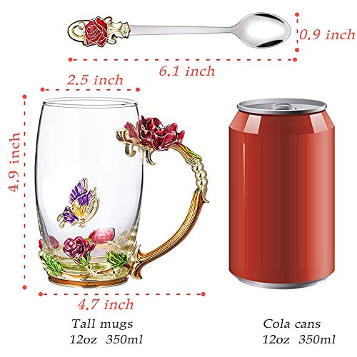 COAWG Taza de Té de Cristal Transparente, Taza de Té de Vidrio Rosa Roja Tazas de Cafe Tazas de Viaje con Manija Elaborada de la Flor y Hermosa 12oz-1Pc