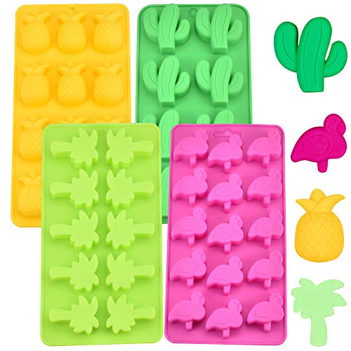 CODIRATO 4 PCS Moldes de Silicona sin BPA, Moldes de Gelatina Moldes de Caramelo Moldes de Chocolate para Hacer Tortas de Jabón de Gelatina Muffin Gummy (Cactus, Flamingos y Coco Tree and Pineapple)