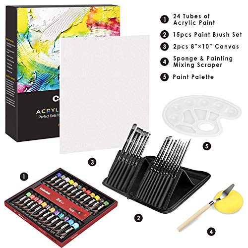 Cohotek Conjunto de Pinturas Acrílicas, 24 Colores con Pinceles de Pintura, Esponja de Acuarela, Espátula, Paleta y Lienzo para Pintar – Ideal para Artistas, Principiantes o Niños (No Tóxicos)